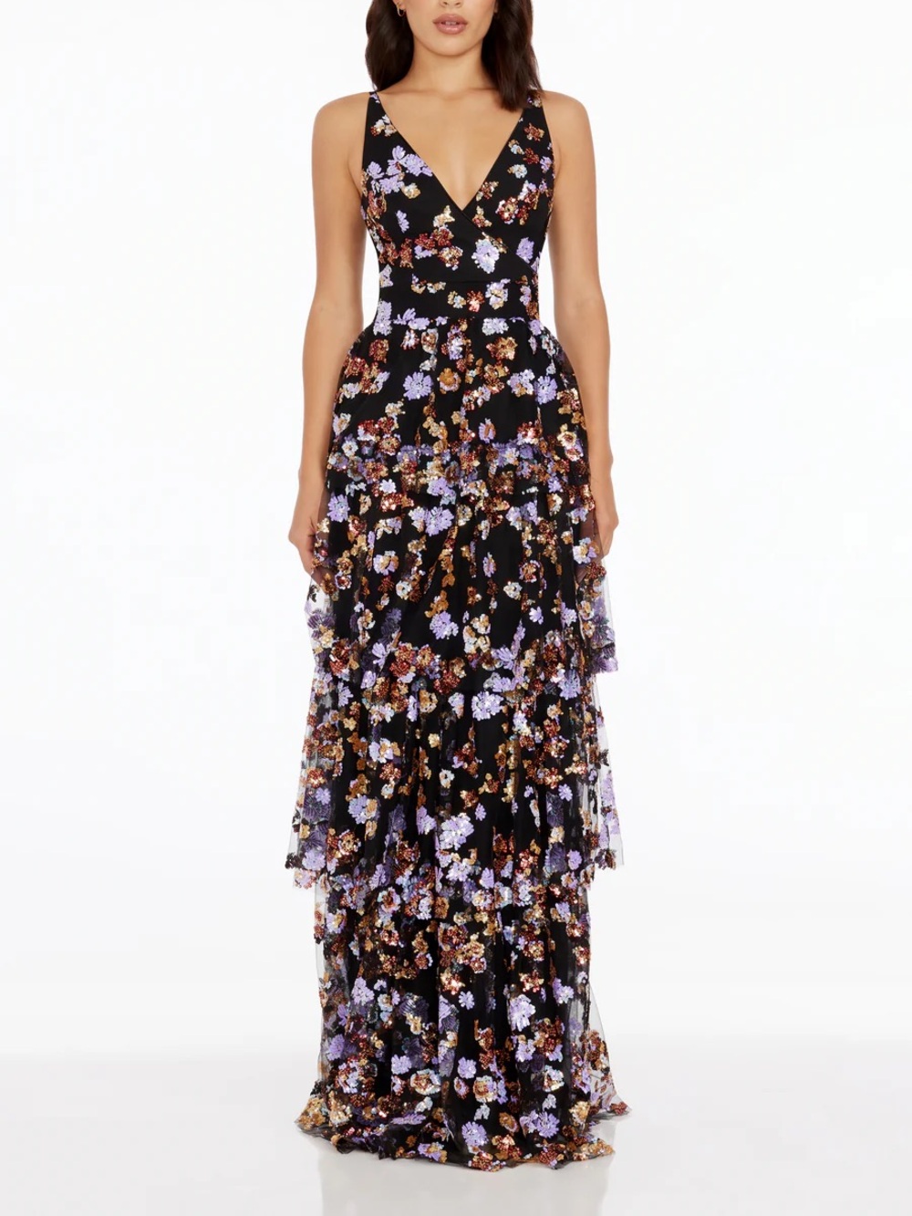 Dress the Population Lorain Gown Sequin Peplum Tiered Formal Floral Maxi Dress